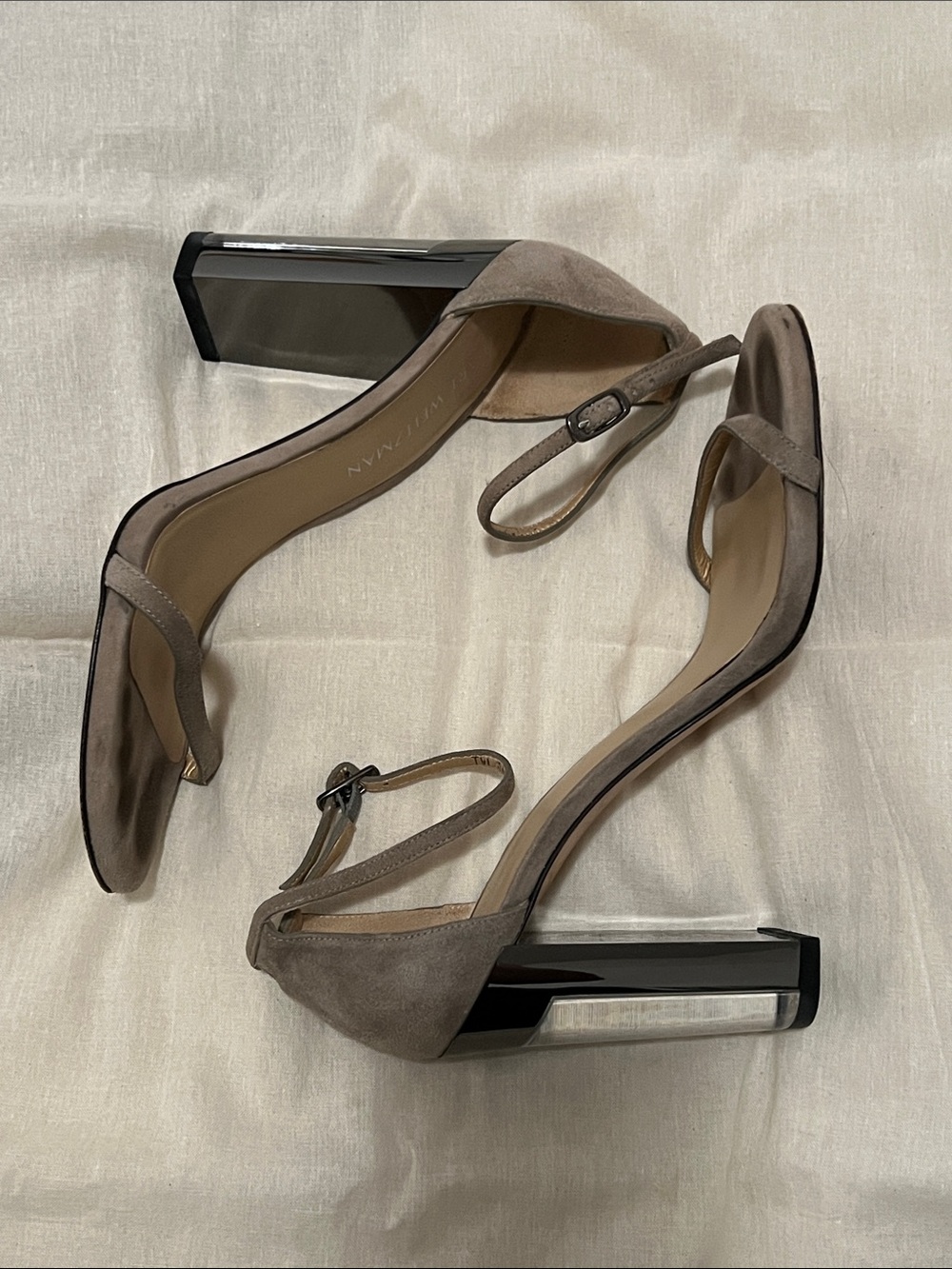 Stuart Weitzman Taupe Suede Ankle-Strap Sandals with Clear-Acrylic Block Heel